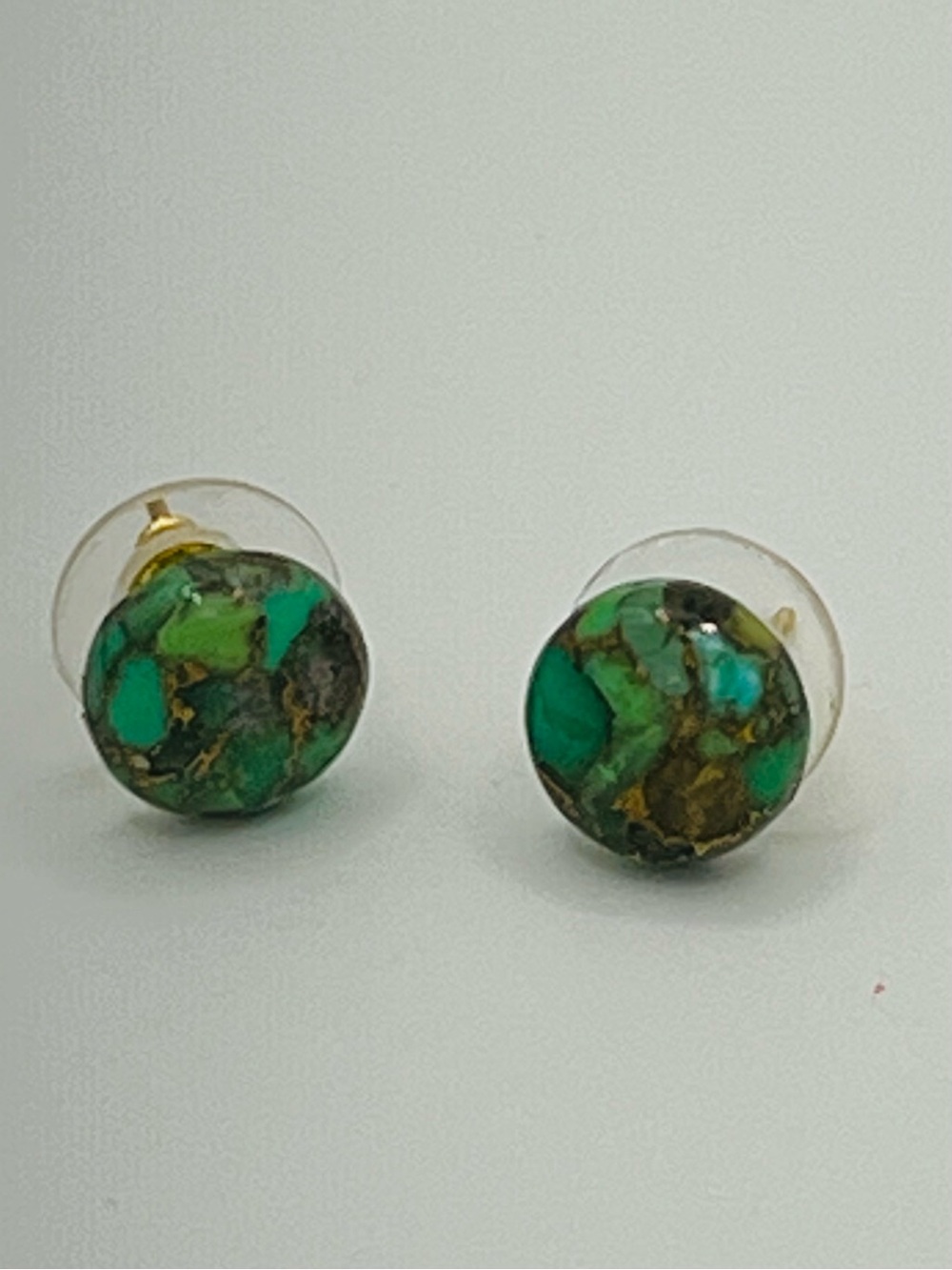 Green Mosaic Stone Stud Earrings – Gold Tone - Picture 1 of 2
